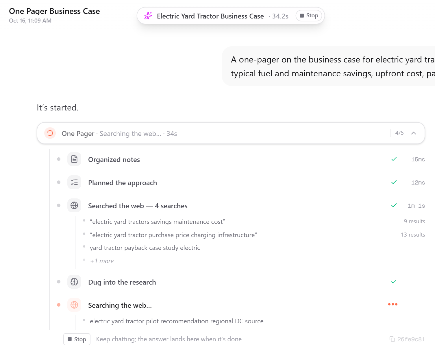 A background skill run in progress in chat, listing the steps it has completed and the web searches it ran.